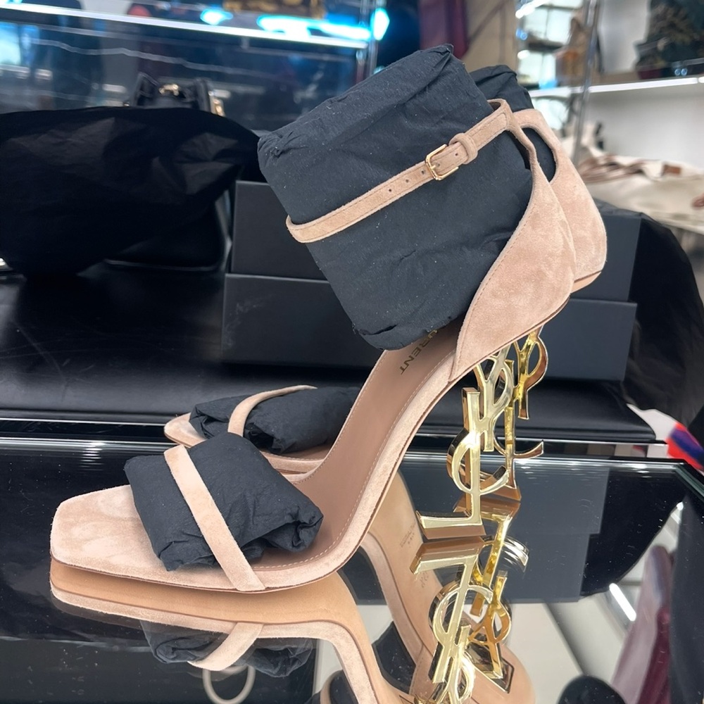 Opyum 110 YSL Heel 3. Gold YSL heel. Beige suede thin strap.